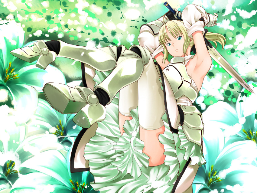 aqua_eyes armor armored_dress armpits ass blonde_hair boots dress fate/stay_night fate/unlimited_codes fate_(series) fukurou gloves highres jumping saber saber_lily short_hair solo sword thigh-highs thighhighs weapon