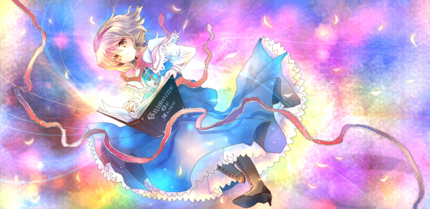 blonde_hair blue_dress book boots capelet cross-laced_footwear dress floating grimoire hairband lace-up_boots petals petticoat ribbon short_hair smile torii_sumi touhou yellow_eyes