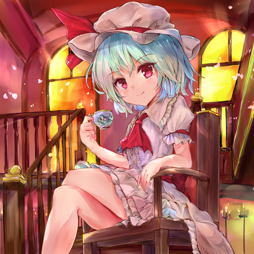 1girl ascot bangs blue_hair blush bow candle candlelight candlestand chair closed_mouth collar commentary_request crossed_legs cup dress eyebrows_visible_through_hair frilled_collar frilled_dress frills hat highres holding holding_cup ikazuchi_akira indoors legs mob_cap no_wings on_chair pink_dress puffy_short_sleeves puffy_sleeves red_bow red_ribbon remilia_scarlet ribbon sash short_hair short_sleeves sitting smile solo stairs teacup touhou window wooden_chair