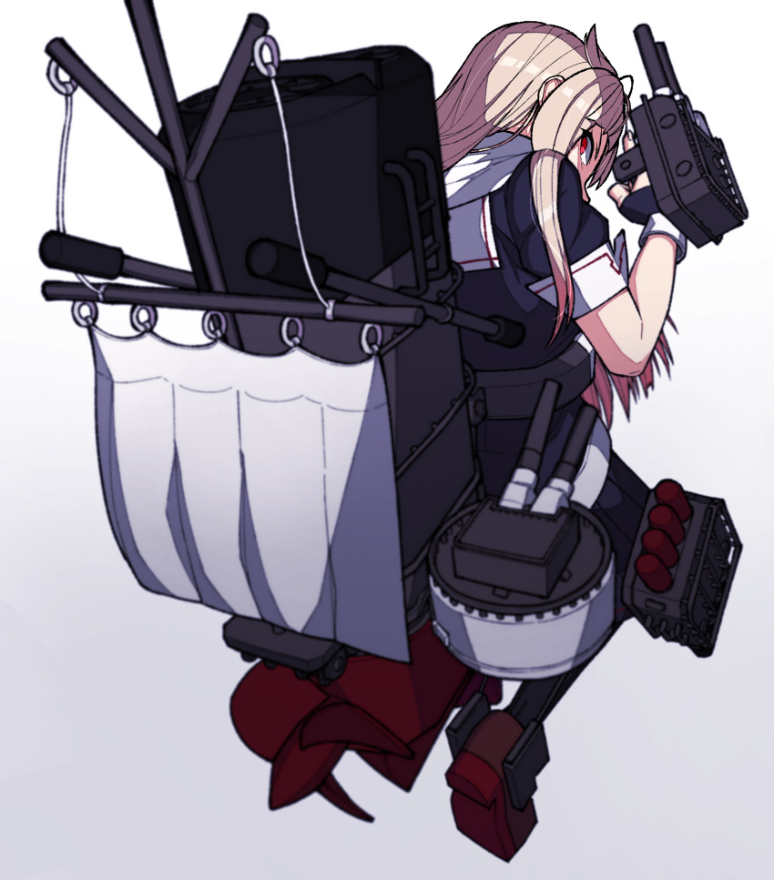 1girl absurdres adapted_turret ahoge bangs black_gloves black_serafuku blonde_hair eyes_visible_through_hair from_behind full_body gloves hair_flaps hand_up highres kantai_collection karasuma_kuraha kneeling long_hair looking_at_viewer looking_back machinery multicolored_hair neckerchief propeller red_eyes remodel_(kantai_collection) rigging rudder_footwear sail sailor_collar school_uniform serafuku shoes short_sleeves simple_background smokestack solo straight_hair torpedo torpedo_tubes turret two-tone_hair white_background white_sailor_collar yuudachi_(kantai_collection)