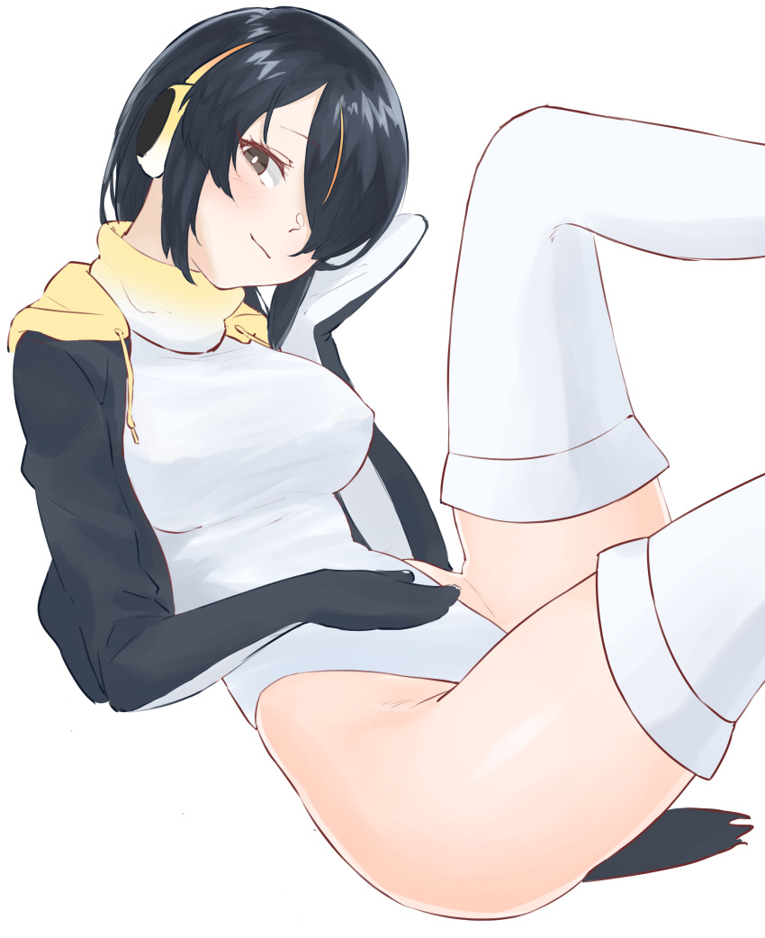 1girl absurdres black_hair breasts brown_eyes drawstring emperor_penguin_(kemono_friends) feet_out_of_frame hair_over_one_eye hand_on_own_face hand_on_own_stomach head_tilt headphones highleg highleg_leotard highres hood hood_down hooded_jacket jacket kemono_friends kona_ming large_breasts leaning_back leotard looking_at_viewer open_clothes open_jacket penguin_tail short_hair simple_background sitting smile solo tail thigh-highs white_background white_legwear white_leotard