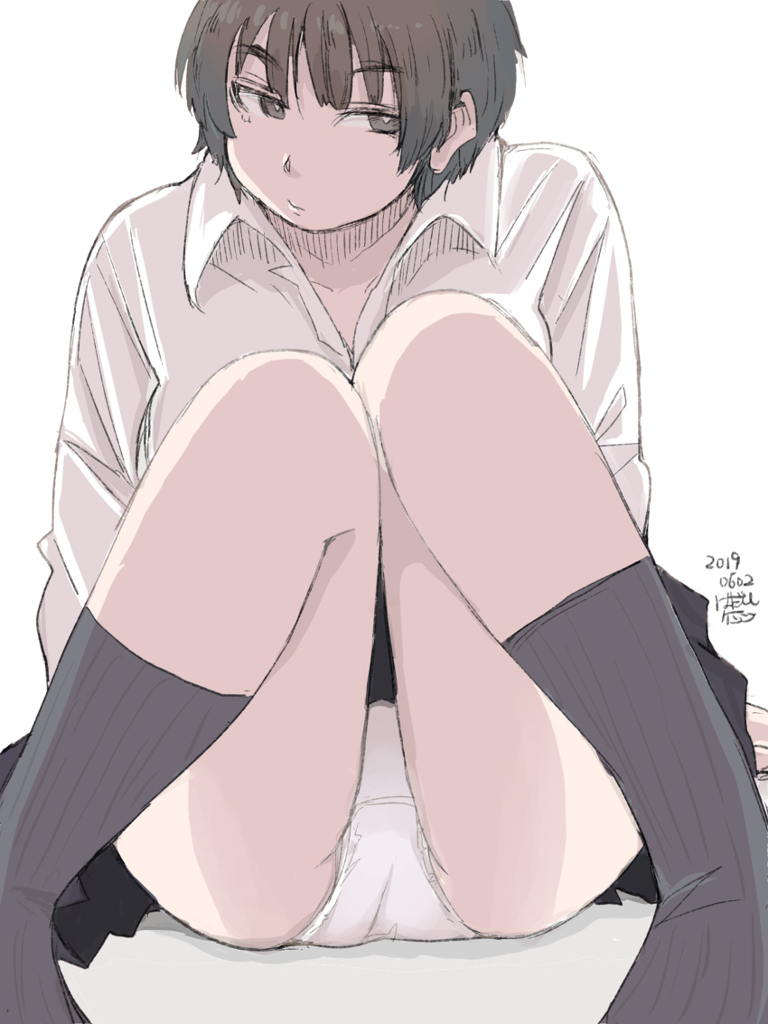 1girl bangs brown_eyes brown_hair dated eyebrows_visible_through_hair hakaden highres original panties pantyshot pantyshot_(sitting) short_hair signature sitting sketch skirt socks solo thick_eyebrows underwear white_background