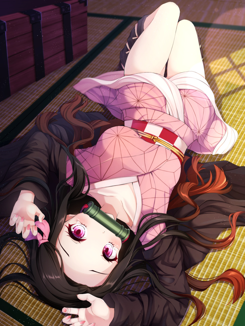 1girl arms_up bamboo bangs bit_gag black_hair black_legwear blurry blurry_background blush breasts brown_hair checkered collarbone commentary_request depth_of_field fingernails forehead gag gradient_hair hair_ribbon highres japanese_clothes kamado_nezuko kimetsu_no_yaiba kimono knees_up long_hair long_sleeves looking_at_viewer lying medium_breasts mouth_hold multicolored_hair nail_polish nya_rl obi on_back open_clothes parted_bangs pink_kimono pink_nails pink_ribbon ribbon sash solo tears very_long_hair violet_eyes wide_sleeves
