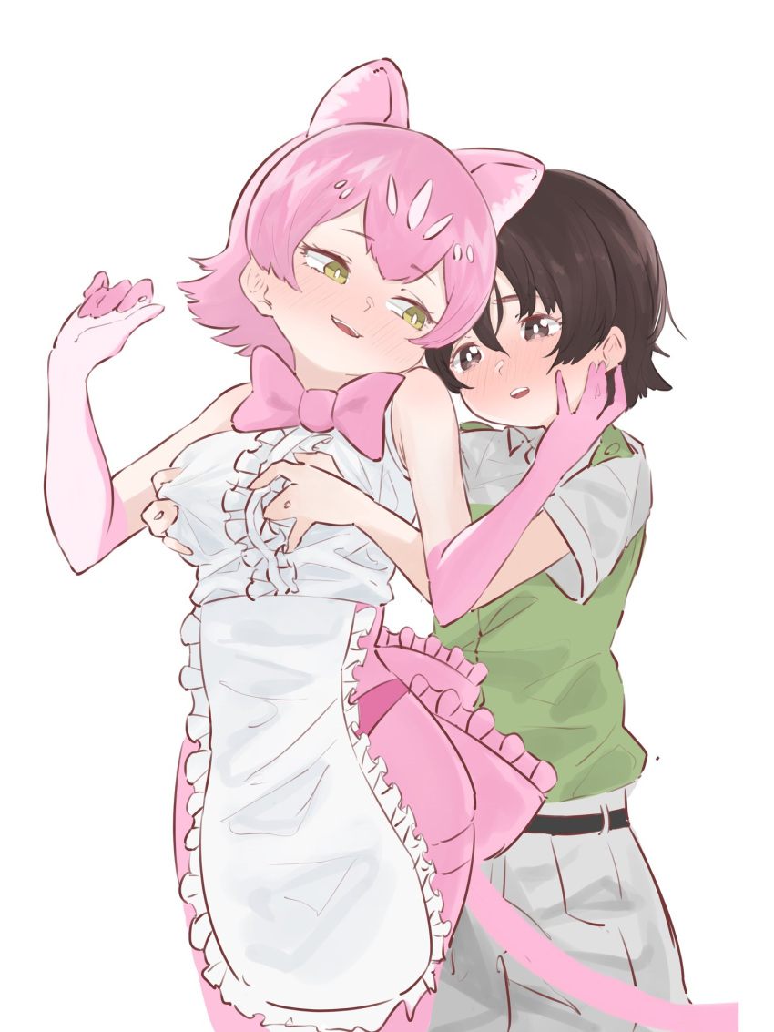 1boy 1girl animal_ear_fluff animal_ears apron bangs bare_shoulders black_eyes black_hair blush bow bowtie breast_grab breasts center_frills commentary elbow_gloves extra_ears eyebrows_visible_through_hair frilled_apron frills gloves grabbing grabbing_from_behind green_eyes hand_on_another's_cheek hand_on_another's_face hetero highres kemono_friends kona_ming medium_breasts panther_ears pantyhose parted_lips peach_panther_(kemono_friends) pink_gloves pink_hair pink_legwear pink_neckwear shirt short_hair short_sleeves simple_background sleeveless sleeveless_shirt smile tail waist_apron white_background white_shirt