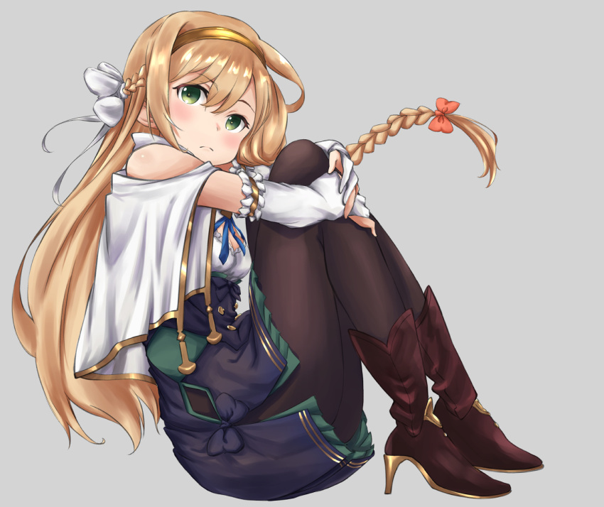 1girl atelier_(series) atelier_ryza blonde_hair blush boots bow braid breasts chobbi from_side frown grey_background hair_ornament hairband klaudia_valentz long_hair looking_at_viewer orange_bow pantyhose simple_background solo white_bow