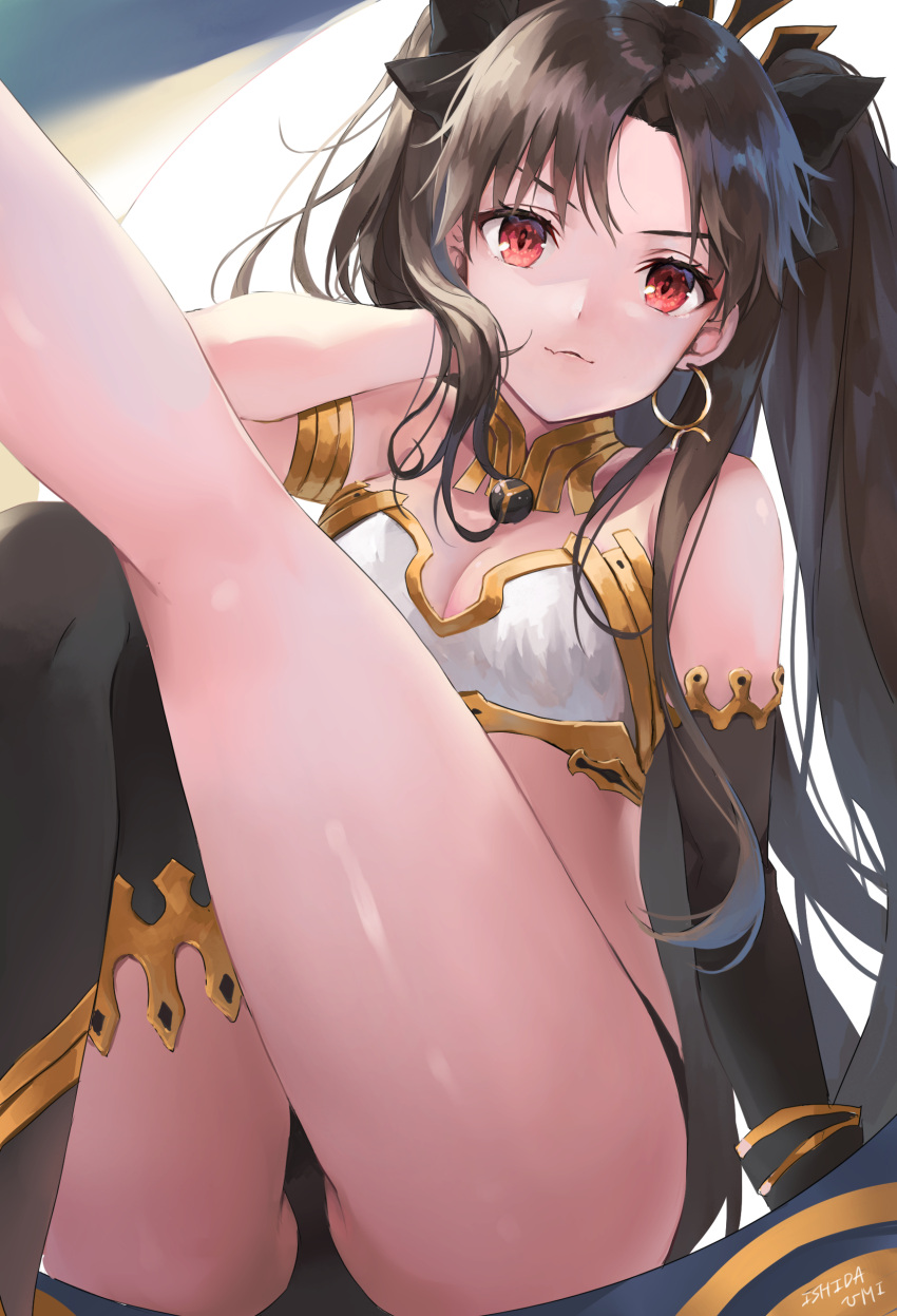 1girl absurdres asymmetrical_legwear asymmetrical_sleeves bangs bare_shoulders black_hair breasts commentary_request detached_collar earrings elbow_gloves fate/grand_order fate_(series) gloves hair_ribbon highres hoop_earrings ishita_umi ishtar_(fate/grand_order) jewelry long_hair long_legs looking_at_viewer medium_breasts parted_bangs red_eyes ribbon single_elbow_glove single_thighhigh smile solo thigh-highs two_side_up