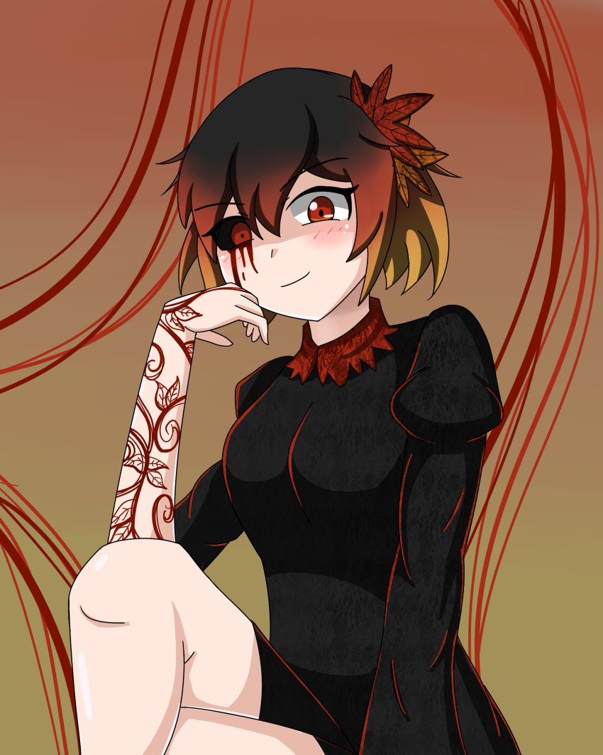 1girl aki_shizuha alternate_costume alternate_hair_color arm_tattoo arm_up black_dress black_sclera blood blood_on_face breasts brown_background commentary crossed_legs dark_persona dress elbow_rest english_commentary eyebrows_visible_through_hair feet_out_of_frame gradient gradient_background gradient_hair hair_between_eyes hair_ornament halloween hand_on_own_face head_rest highres juliet_sleeves leaf leaf_hair_ornament light_smile long_sleeves looking_at_viewer maple_leaf medium_breasts mismatched_sclera multicolored_hair puffy_sleeves red_eyes redleaf64 sitting solo tattoo touhou
