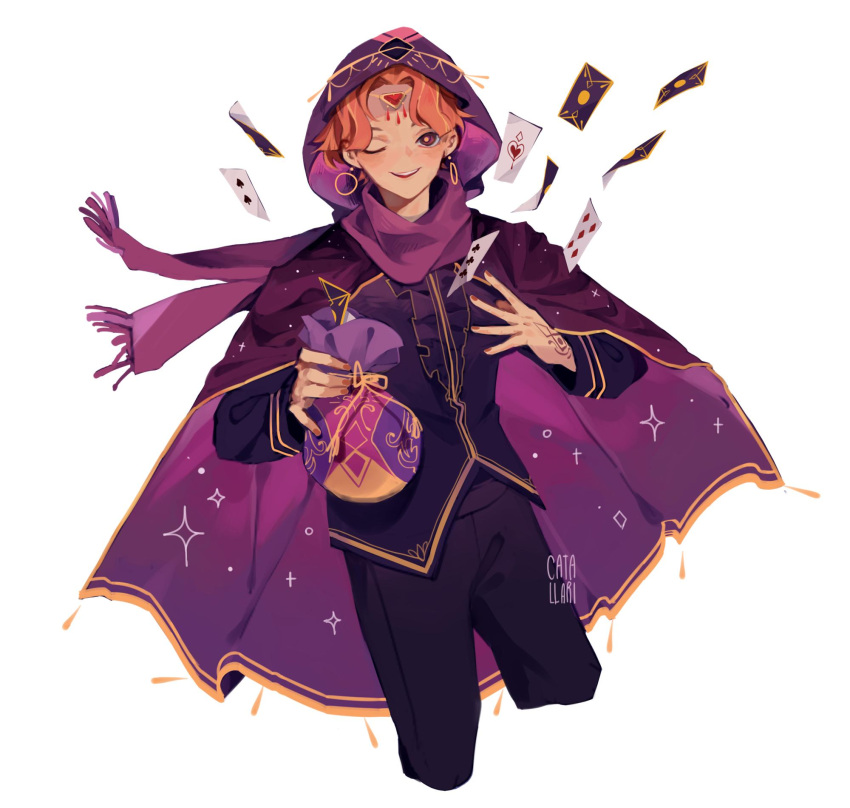 1boy artist_name bag cape card catallarii cinnamon_cookie cookie_run earrings highres holding holding_bag holding_pouch hood jewelry long_sleeves one_eye_closed orange_hair pants personification pouch purple_cape purple_scarf scarf short_hair simple_background smile solo tattoo white_background