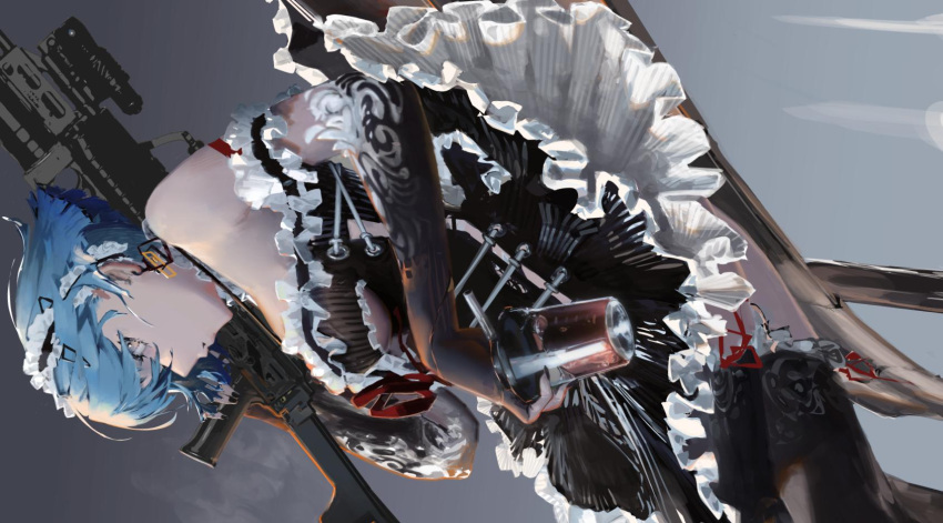 1girl alternate_costume assault_rifle bangs bare_shoulders blue_hair breasts choker commentary_request cup dress ear_piercing earrings fingerless_gloves from_side girls_frontline gloves grey_background gun hair_ornament highres holding holding_cup holding_gun holding_weapon jewelry looking_at_viewer maid_dress maid_headdress parted_lips piercing rifle short_hair simple_background waterswing weapon yellow_eyes zas_m21_(girls_frontline)