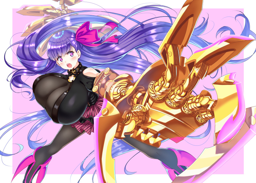 1girl :o absurdres breasts calzooone claw_(weapon) collar fate/extra fate/extra_ccc fate/grand_order fate_(series) gigantic_breasts hair_ribbon highres huge_filesize impossible_clothes looking_at_viewer open_mouth outstretched_arm outstretched_hand passion_lip pink_ribbon purple_hair ribbon solo weapon