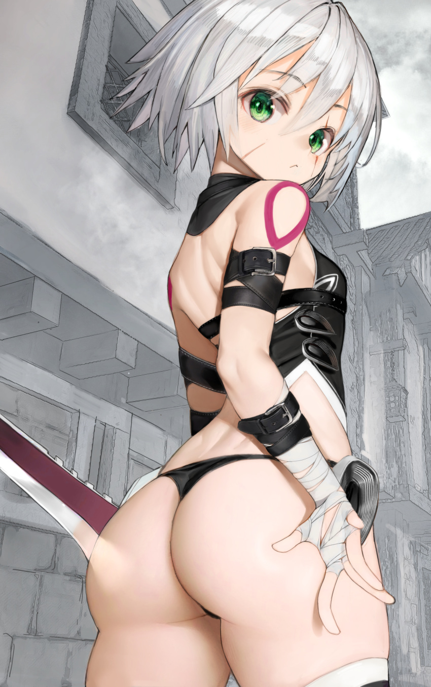 1girl :&lt; absurdres arm_belt ass bandaged_arm bandaged_hand bandaged_hands bandages bangs bare_shoulders belt belt_buckle black_belt black_panties black_shirt blush breasts buckle building closed_mouth clouds cloudy_sky commentary_request dagger eyebrows_visible_through_hair facial_scar fate/apocrypha fate/grand_order fate_(series) from_behind frown green_eyes grey_hair hair_between_eyes highres holding holding_knife jack_the_ripper_(fate/apocrypha) knife looking_at_viewer looking_back nyatabe outdoors panties scar scar_across_eye scar_on_cheek shirt short_hair shoulder_tattoo sky sleeveless sleeveless_shirt small_breasts solo tattoo thigh-highs underwear weapon