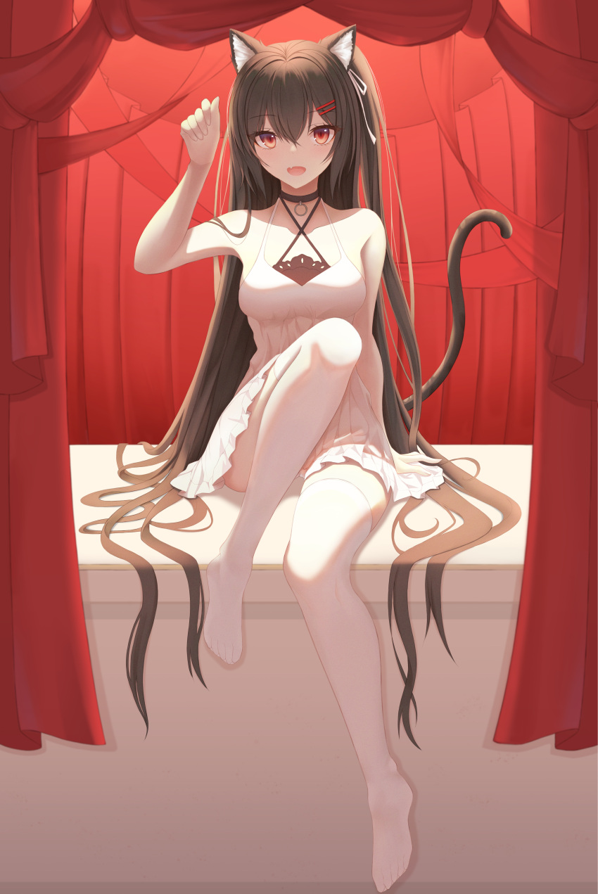 1girl absurdres animal_ears backlighting brown_hair cat_ears cat_girl cat_tail choker curtains dress fakegeo fang hair_between_eyes hair_ornament hairclip highres long_hair looking_at_viewer no_shoes open_mouth original pantyhose paw_pose red_eyes sitting skin_fang tail very_long_hair white_dress white_legwear
