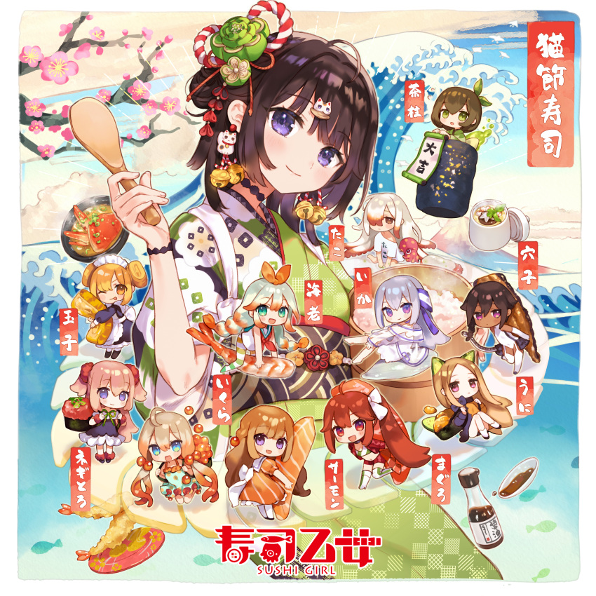 6+girls absurdres aqua_eyes bell black_hair blonde_hair blue_eyes bow brown_eyes brown_hair chibi copyright_name crab cucumber_slice cup dark_skin food food_request hair_bobbles hair_bow hair_ornament hair_over_one_eye highres huge_filesize in_container japanese_clothes jingle_bell kimono light_brown_hair maneki-neko multiple_girls nekoremon octopus official_art orange_bow personification pink_hair ponytail rice rice_spoon shrimp soy_sauce sushi sushi_otome tagme tanzaku tea tentacle_hair twintails two_side_up violet_eyes water waving yunomi