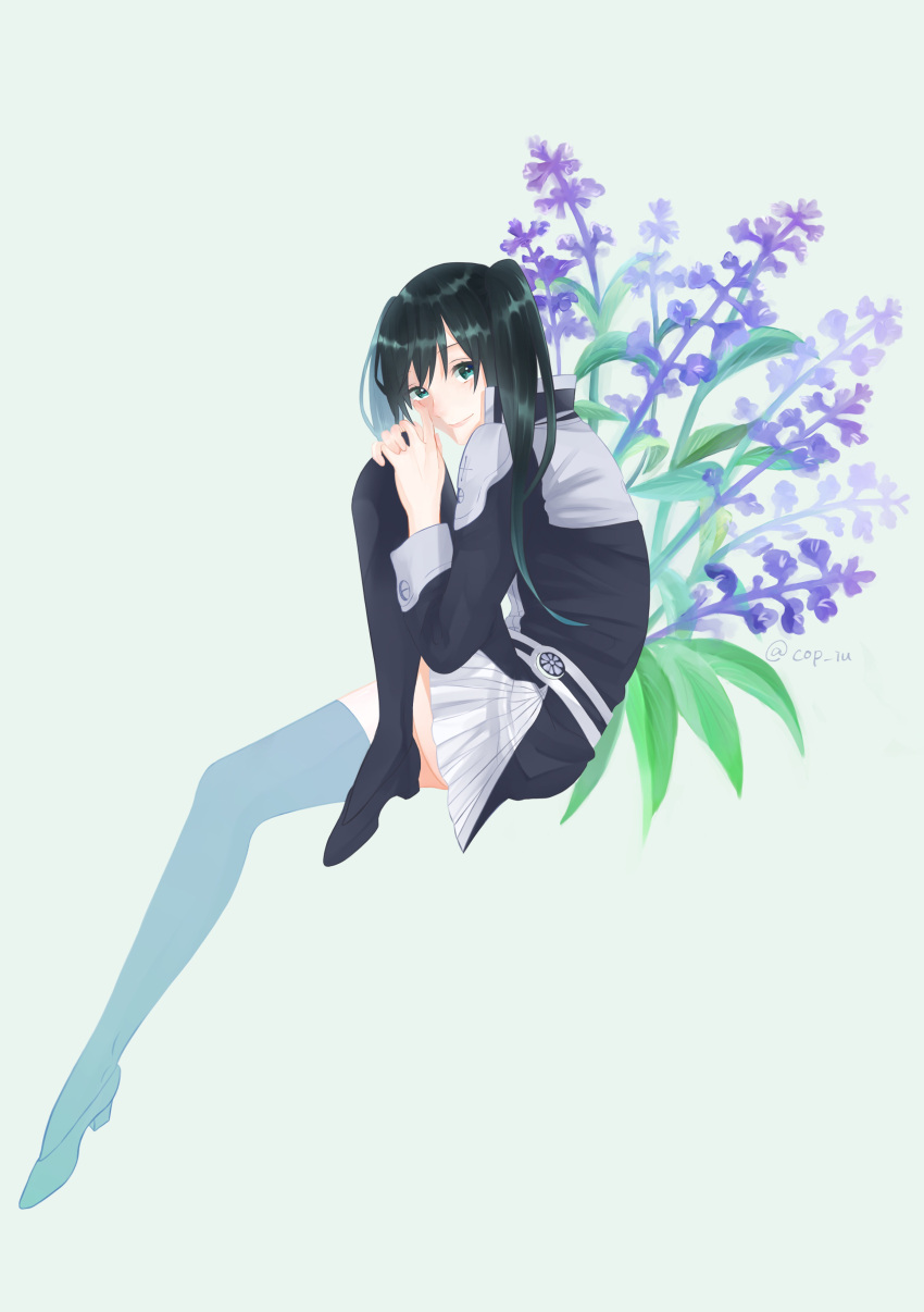 1girl absurdres black_footwear black_hair black_legwear blue_eyes cop_pc d.gray-man flower full_body highres invisible_chair iris_(flower) knee_up leg_hug lenalee_lee long_hair simple_background sitting skirt smile solo thigh-highs twintails twitter_username white_skirt