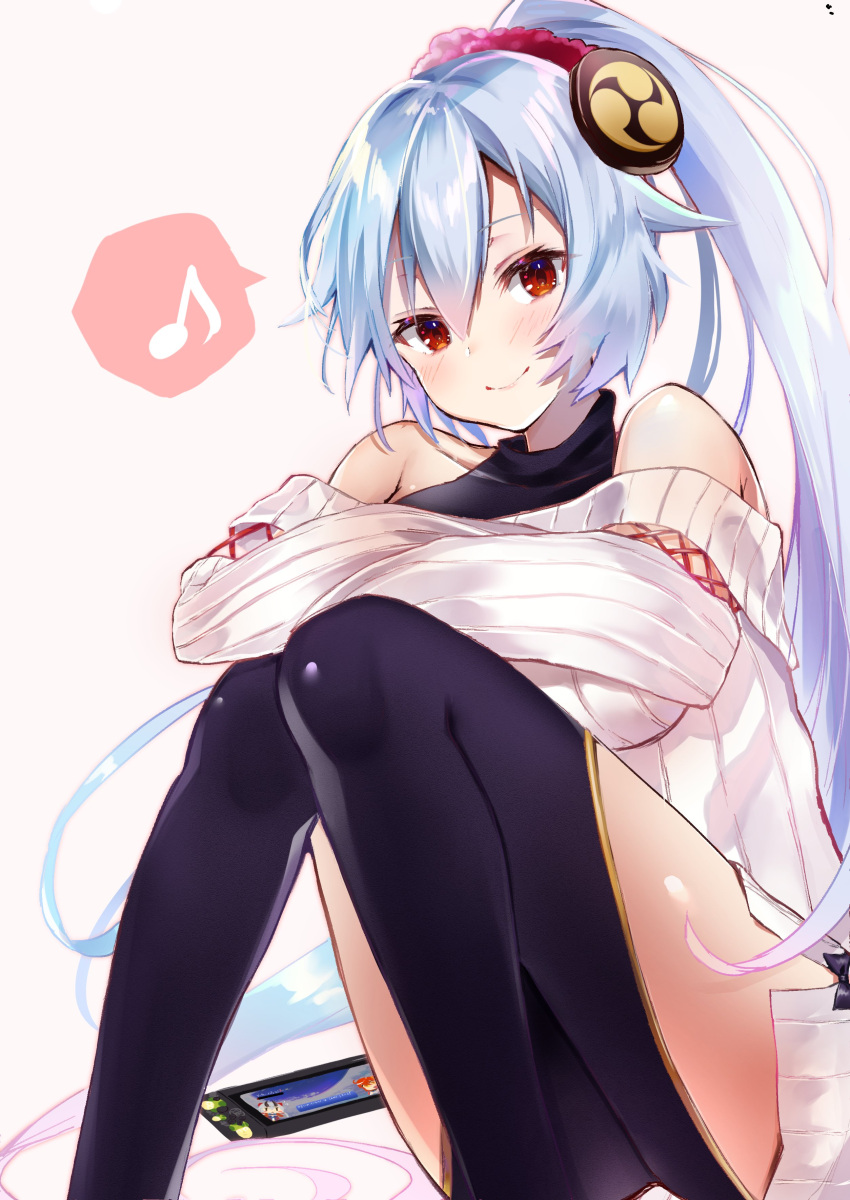 1girl absurdres bangs bare_shoulders blue_hair blush cellphone collarbone fate/grand_order fate_(series) feet_out_of_frame felnemo gradient_hair hair_between_eyes hair_ornament hair_scrunchie highres knees_together_feet_apart knees_up long_hair long_sleeves looking_at_viewer multicolored_hair musical_note off-shoulder_sweater off_shoulder phone ponytail red_eyes ribbed_sweater scrunchie silver_hair sitting smartphone smile solo spoken_musical_note sweater thighs tomoe_gozen_(fate/grand_order) very_long_hair