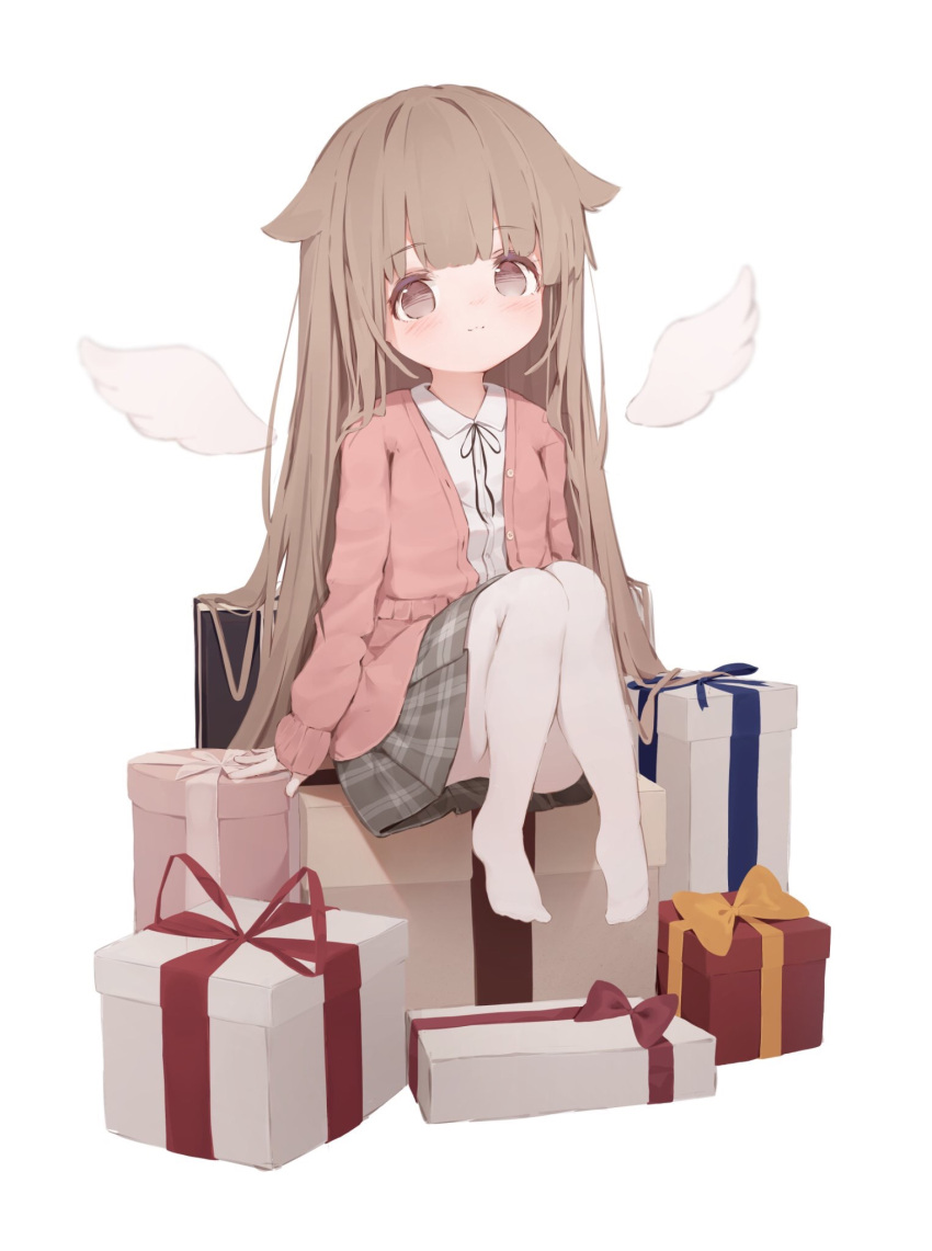 1girl arm_support black_ribbon blush box brown_eyes brown_hair closed_mouth collared_shirt commentary detached_wings dolphro-kun dress_shirt gift gift_box grey_skirt hair_flaps highres jacket knees_up long_hair long_sleeves mini_wings neck_ribbon no_shoes open_clothes open_jacket original pantyhose pink_jacket plaid plaid_skirt pleated_skirt ribbon shirt simple_background sitting skirt sleeves_past_wrists smile solo symbol_commentary very_long_hair white_background white_legwear white_shirt white_wings wings