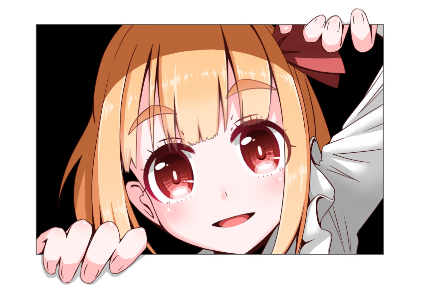 1girl bangs black_background blonde_hair blunt_bangs blush bright_pupils commentary_request eyebrows_visible_through_hair fourth_wall hair_ribbon head_tilt highres long_sleeves looking_at_viewer open_mouth red_eyes ribbon roco_(katsuya1011) rumia shirt short_hair solo thick_eyebrows touhou white_pupils white_shirt