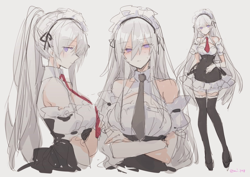 1girl alternate_costume arm_under_breasts azur_lane bangs bare_shoulders black_ribbon breasts cleavage_cutout closed_mouth crossed_arms enterprise_(azur_lane) eyebrows_visible_through_hair frilled_skirt frills grey_neckwear hair_between_eyes high_heels high_ponytail highres large_breasts long_hair maid maid_dress maid_headdress mi_398 neckwear ponytail red_neckwear ribbon silver_hair sketch skirt standing thigh-highs violet_eyes