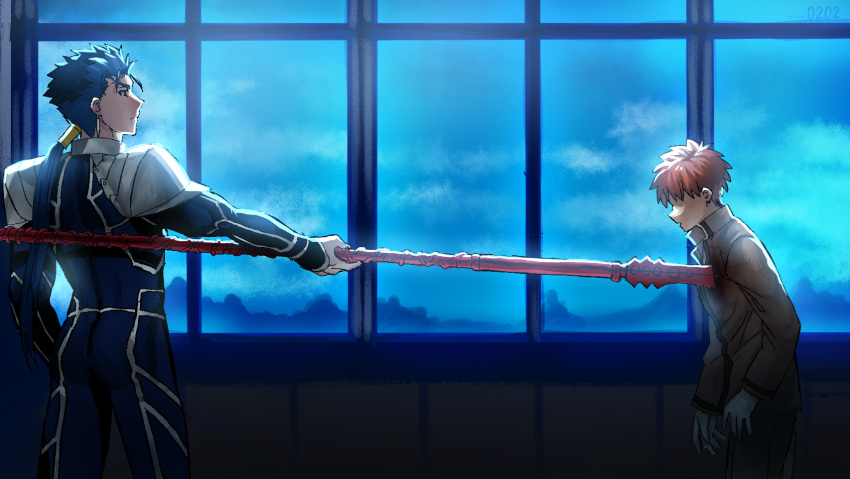 2boys blue_bodysuit blue_hair bodysuit brown_hair brown_jacket brown_pants closed_mouth cowboy_shot deep_wound emiya_shirou fate/stay_night fate_(series) from_side gae_bolg hair_over_eyes hair_tubes highres holding holding_spear holding_weapon homurahara_academy_uniform indoors injury jacket kmk lancer long_hair long_sleeves looking_at_another male_focus multiple_boys night open_mouth pants polearm ponytail shoulder_armor spaulders spear standing weapon