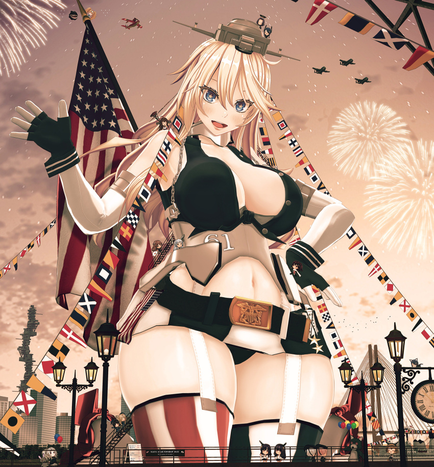 1girl absurdres aircraft airplane american_flag american_flag_legwear atago_(kantai_collection) balloon bare_shoulders blonde_hair blue_eyes blush breasts chain character_request cityscape clock clouds commentary custom_maid_3d_2 ffkw fingerless_gloves fireworks flag flag_print front-tie_top garter_straps gloves hair_between_eyes hand_on_hip headgear highres iowa_(kantai_collection) kantai_collection lamppost large_breasts long_hair miniskirt mismatched_legwear mutsu_(kantai_collection) navel open_mouth railing skirt sky star star-shaped_pupils striped striped_legwear symbol-shaped_pupils takao_(kantai_collection) tatsuta_(kantai_collection) tenryuu_(kantai_collection) thigh-highs thighs vertical-striped_legwear vertical-striped_skirt vertical_stripes waving