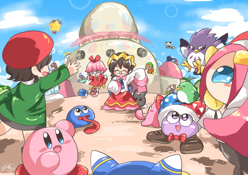 1other 6+boys 6+girls adeleine adventures_of_lolo akiaki_popee animal beret bird black_hair blue_eyes blue_sky blush_stickers bow bowtie castle chuchu_(kirby) closed_eyes clouds commentary_request coo_(kirby) crown dark_matter_(specie) daroach fairies_(kirby) fairy fairy_wings fang flamberge_(kirby) francisca_(kirby) glasses gooey hair_ribbon hal_laboratory_inc. halo hat heart hidden_eyes highres hoshi_no_kirby hoshi_no_kirby:_yume_no_izumi_no_monogatari hoshi_no_kirby_(anime) hoshi_no_kirby_(game) hoshi_no_kirby_2 hoshi_no_kirby_3 hoshi_no_kirby_64 hoshi_no_kirby_sanjou!_dorocche_dan hoshi_no_kirby_super_deluxe hoshi_no_kirby_wii human humanoid_robot hyness jester_cap keke_(kirby) kirby kirby's_adventure kirby's_dream_land_2 kirby's_dream_land_3 kirby's_dreamland kirby's_return_to_dream_land kirby:_planet_robobot kirby:_right_back_at_ya! kirby:_star_allies kirby:_triple_deluxe kirby_(series) kirby_(specie) kirby_64 kirby_64:_the_crystal_shards kirby_squeak_squad kirby_super_star lalala_(kirby) lens_flare_abuse lololo_(kirby) long_hair long_sleeves magolor marx meta_knight mouse multiple_boys multiple_girls n-z nintendo no_arms octopus octopus_girl open_mouth owl pink_hair pink_puff_ball pitch_(kirby) queen_ripple queen_sectonia red_bow red_neckwear red_ribbon ribbon ribbon_(kirby) ripple_star_queen robot robot_girl short_hair signature sky smile specie_request susie_(kirby) taranza tomboy tongue tongue_out very_long_sleeves violet_eyes warp_star watermark waving wide_sleeves wings zan_partizanne zero_two_(kirby)