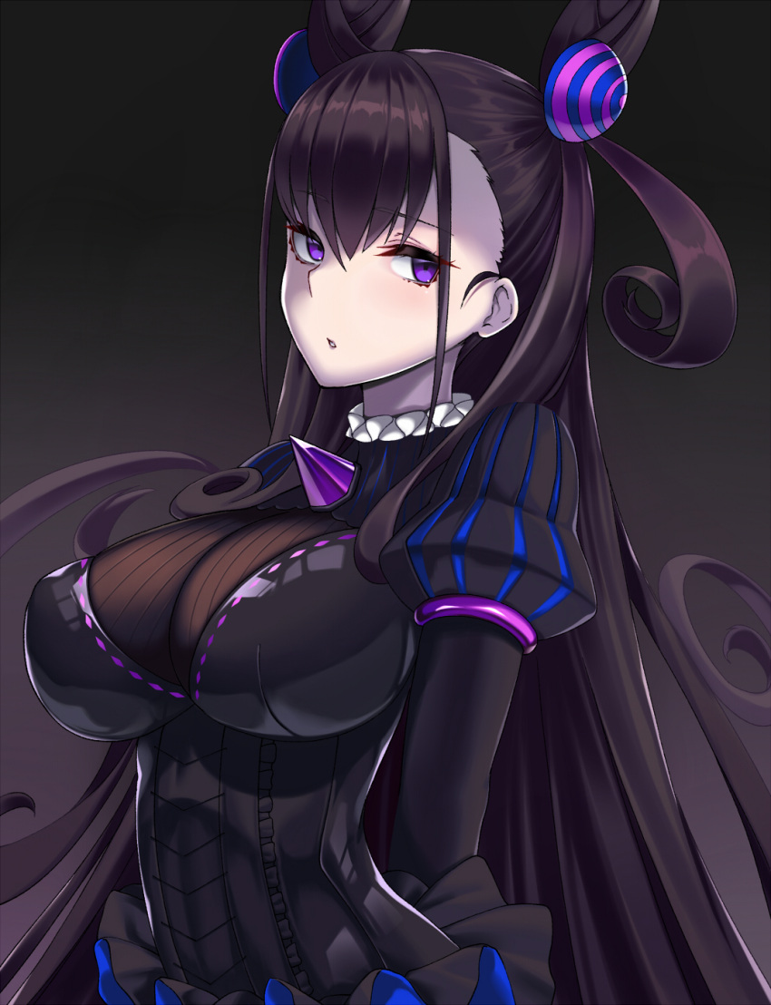 1girl amethyst_(gemstone) black_dress black_hair breasts double_bun dress fate/grand_order fate_(series) flower gem highres juliet_sleeves large_breasts long_hair long_sleeves looking_at_viewer murasaki_shikibu_(fate) puff_and_slash_sleeves puffy_sleeves sleeves_past_wrists takanashi-a two_side_up upper_body very_long_hair violet_eyes wisteria