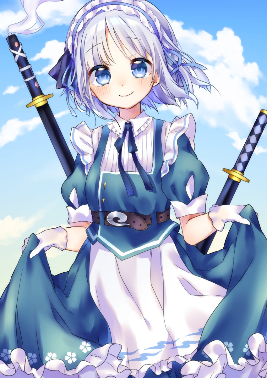 1girl absurdres aiko_ichigocchi alternate_costume belt enmaided frilled_skirt frills highres katana konpaku_youmu maid maid_headdress puffy_sleeves sheath sheathed short_hair silver_hair skirt skirt_lift sky smile sword touhou wakizashi weapon