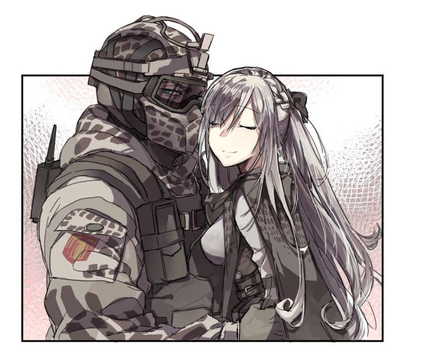 1boy 1girl ak-12_(girls_frontline) camouflage closed_eyes deiar009 eyebrows_visible_through_hair eyes_visible_through_hair fuze_(rainbow_six_siege) gas_mask girls_frontline gloves goggles helmet hug military military_operator military_uniform rainbow_six_siege silver_hair smile uniform