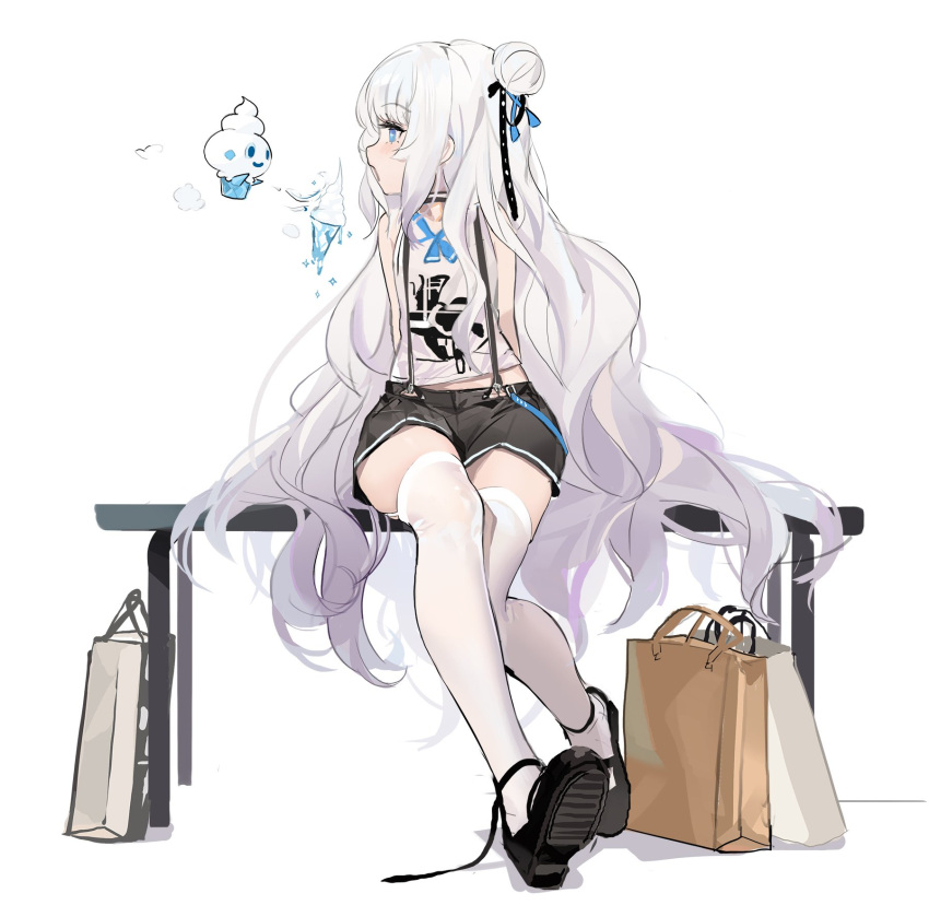 1girl alternate_costume arm_support azur_lane bag bare_arms bench black_choker black_footwear black_shorts blue_eyes casual choker contemporary double_bun fine_fabric_emphasis food garter_straps gradient_hair hair_ribbon highres ice_cream kinven le_malin_(azur_lane) long_hair looking_to_the_side multicolored_hair neck_ribbon open_mouth pokemon pokemon_(creature) pokemon_(game) ribbon shoe_soles shopping_bag short_shorts shorts silver_hair simple_background sitting solo suspender_shorts suspenders tank_top thigh-highs vanillite very_long_hair white_background white_legwear