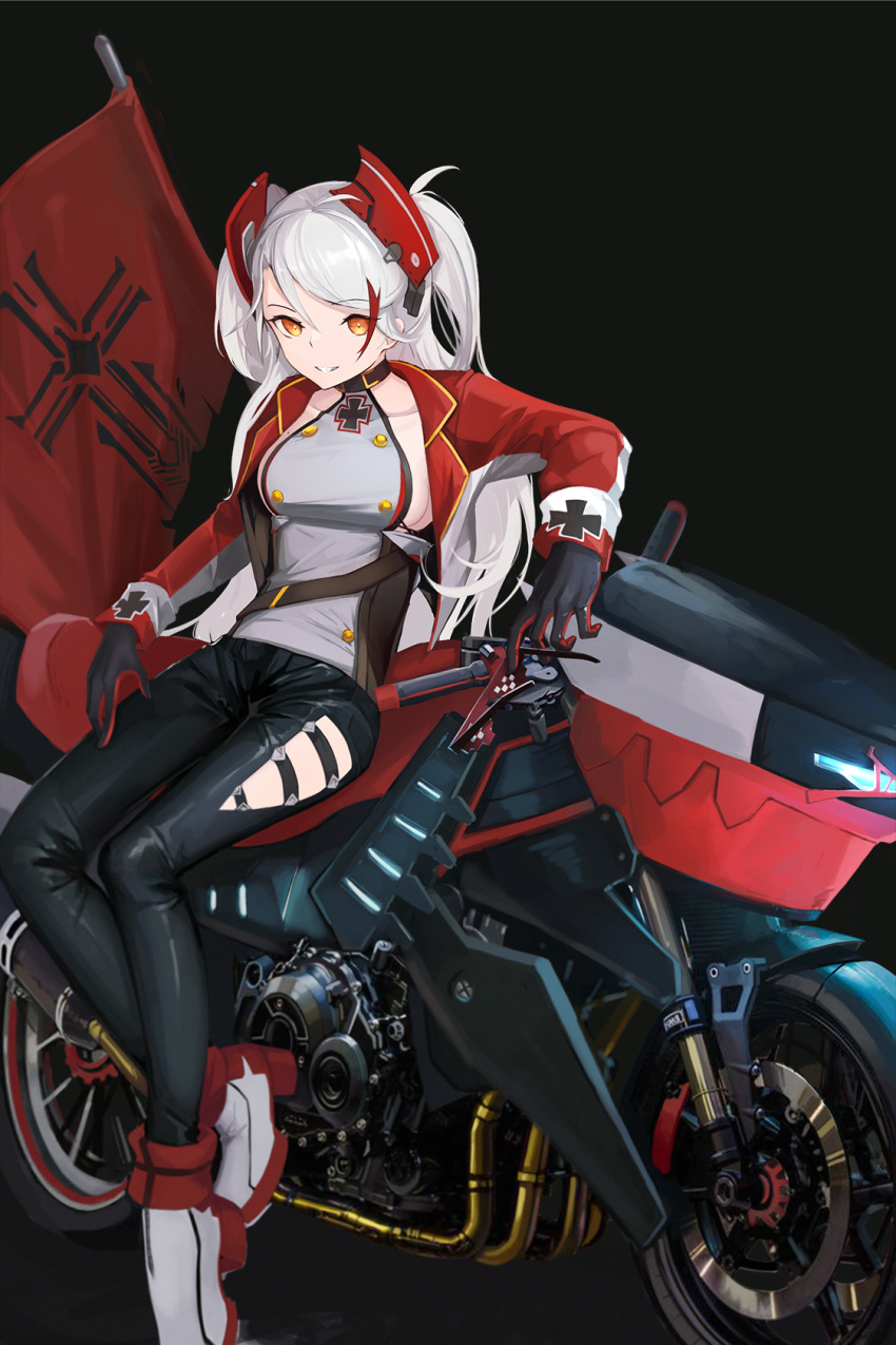 1girl anizi_(anizi9621) azur_lane bangs black_gloves black_pants blush breasts choker commentary eyebrows_visible_through_hair gloves ground_vehicle highres iron_cross large_breasts long_hair looking_at_viewer motor_vehicle motorcycle multicolored_hair pants prinz_eugen_(azur_lane) red_footwear red_gloves redhead shoes silver_hair solo streaked_hair two-tone_gloves two_side_up white_footwear