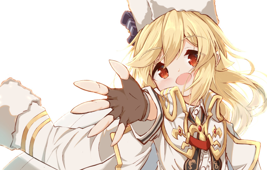 1girl :d absurdres bangs blonde_hair brown_gloves center_frills eyebrows_visible_through_hair fingerless_gloves foreshortening frills fur-trimmed_sleeves fur_hat fur_trim girls_frontline gloves hair_between_eyes hat highres jacket jacket_on_shoulders long_hair matsuo_(matuonoie) nagant_revolver_(girls_frontline) open_mouth outstretched_arm red_eyes shirt sidelocks simple_background smile solo white_background white_headwear white_jacket white_shirt