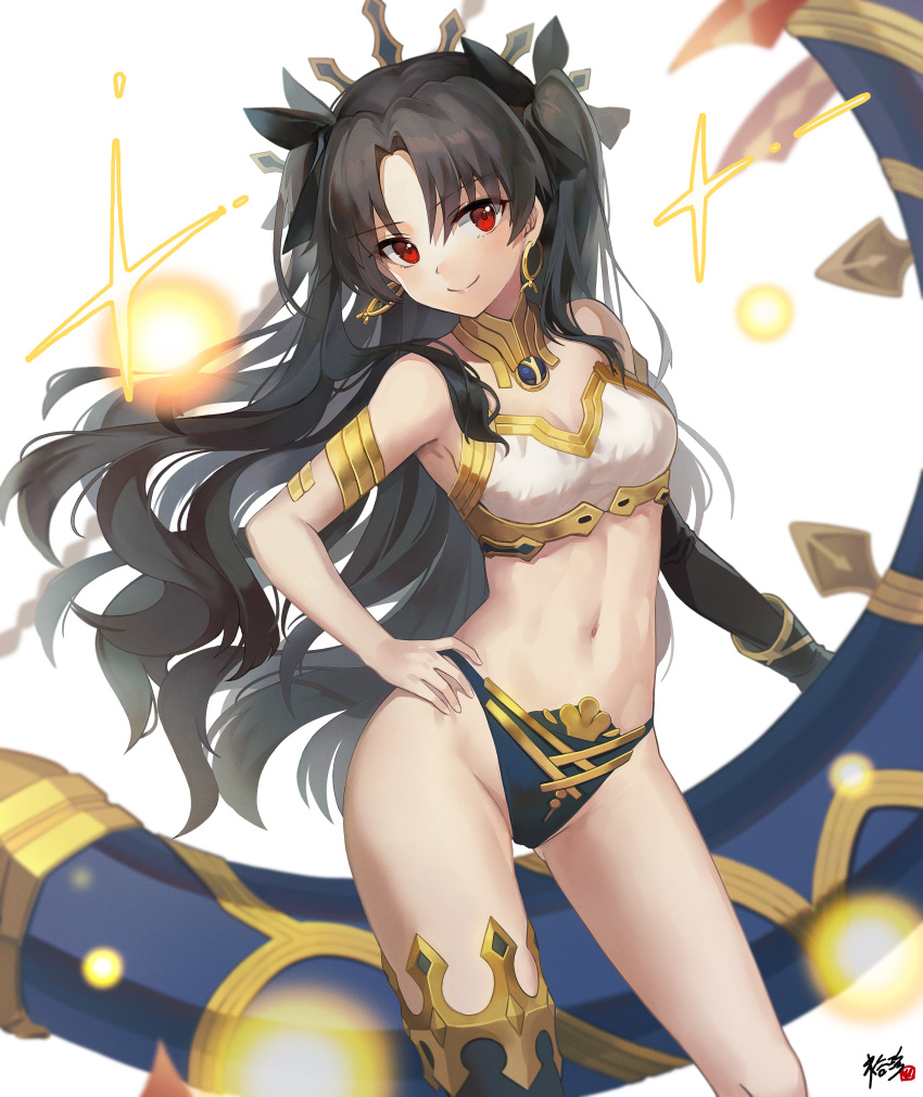 1girl absurdres armlet asymmetrical_legwear asymmetrical_sleeves bangs bare_shoulders black_bikini_bottom black_bow black_hair blush bow breasts closed_mouth earrings elbow_gloves fate/grand_order fate_(series) gloves hair_bow hand_on_hip heavenly_boat_maanna highres hoop_earrings ishtar_(fate/grand_order) jewelry kyjsogom long_hair looking_at_viewer medium_breasts navel neck_ring parted_bangs red_eyes simple_background single_elbow_glove single_thighhigh smile solo sparkle thigh-highs thighs tiara two_side_up weapon white_background white_bikini_top