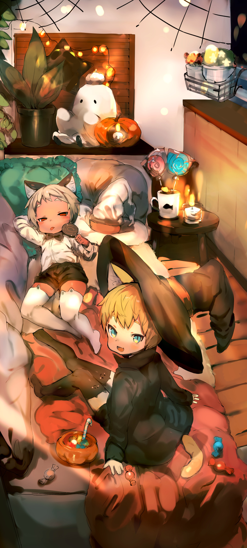 2boys :p absurdres animal_ears black_legwear blonde_hair blue_eyes blush bow bowtie candy cat_ears catboy fang food from_behind full_body halloween hat highres jack-o'-lantern lollipop looking_at_viewer looking_back multiple_boys open_mouth original red_eyes shirokujira skin_fang smile thigh-highs tongue tongue_out white_legwear witch_hat