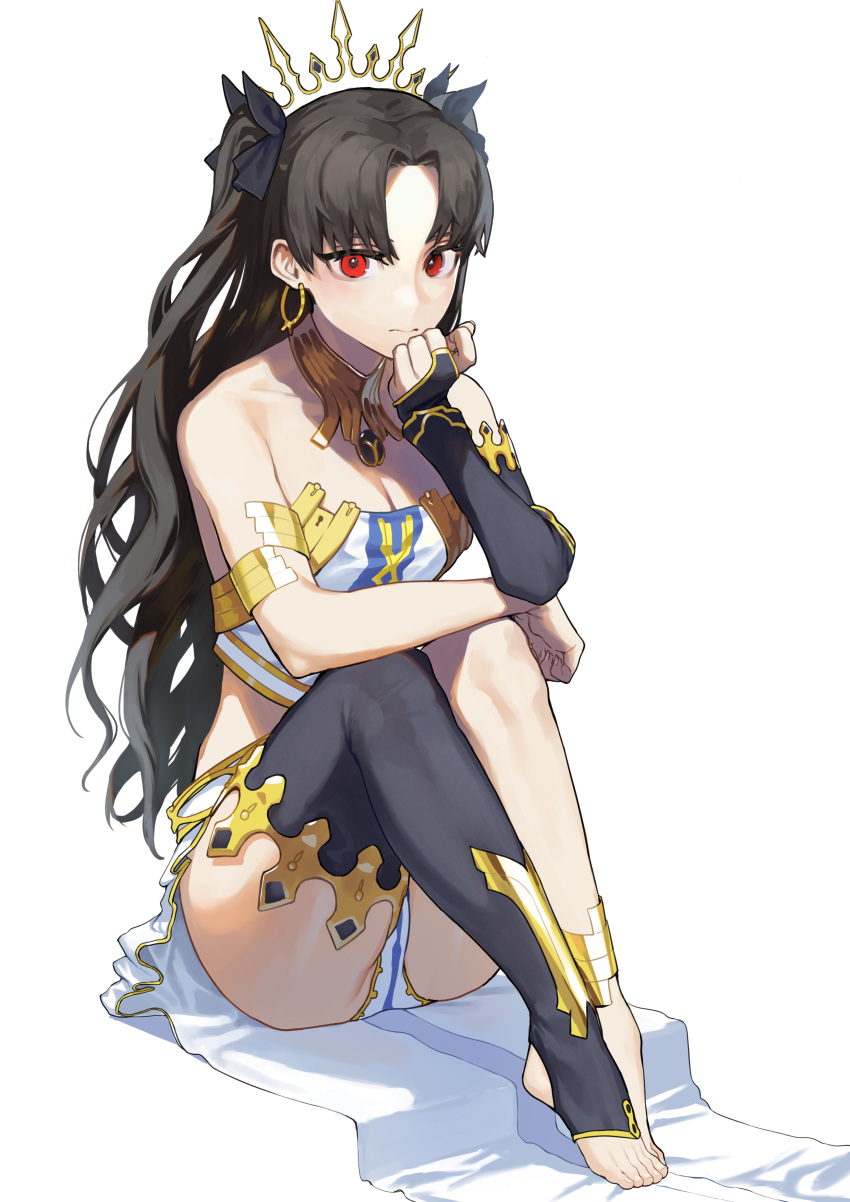 1girl absurdres anklet armlet asymmetrical_sleeves bangs bare_shoulders barefoot black_hair black_legwear breasts earrings elbow_gloves fate/grand_order fate_(series) gloves hakisou highres hoop_earrings ishtar_(fate/grand_order) jewelry long_hair looking_at_viewer neck_ring red_eyes single_elbow_glove single_thighhigh sitting solo thigh-highs tiara toeless_legwear two_side_up