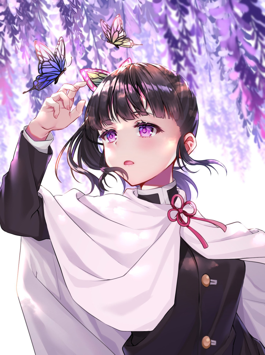 1girl bangs black_hair bug butterfly butterfly_hair_ornament cape flower hair_ornament hand_up highres hizuki_higure insect kimetsu_no_yaiba long_sleeves looking_away looking_to_the_side pink_nails side_ponytail sidelocks solo tsuyuri_kanao uniform upper_body violet_eyes white_cape wisteria