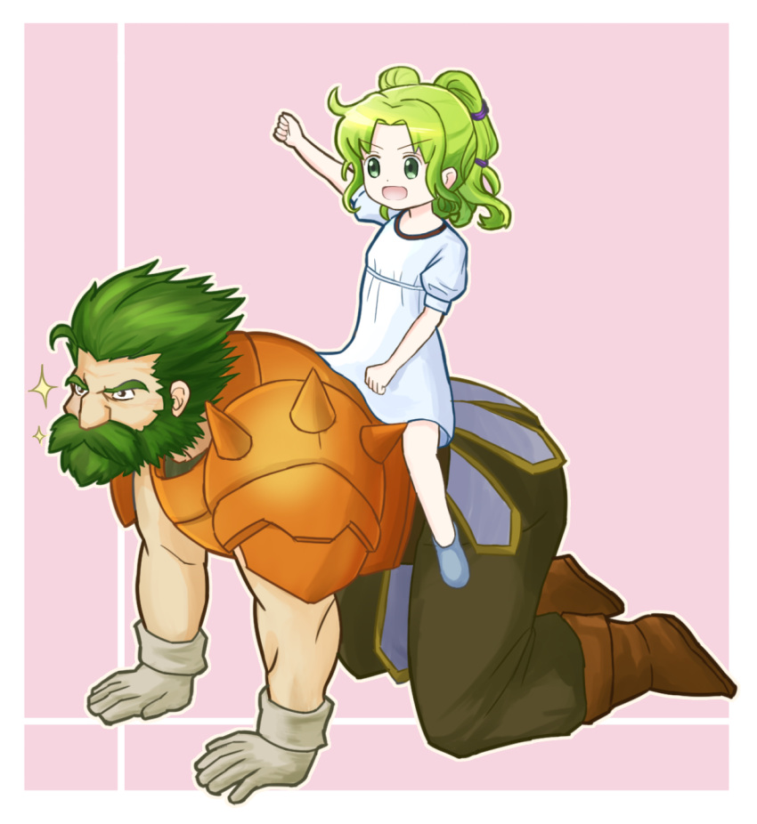1boy 1girl arm_up beard brown_footwear clenched_hand dozla_(fire_emblem) dress facial_hair fire_emblem fire_emblem:_the_sacred_stones fire_emblem_heroes gloves green_eyes green_hair highres l'arachel_(fire_emblem) medium_hair open_mouth pink_background short_sleeves short_twintails shoulder_spikes sidelocks simple_background sitting smile spikes twintails user_sjfs3428 white_dress
