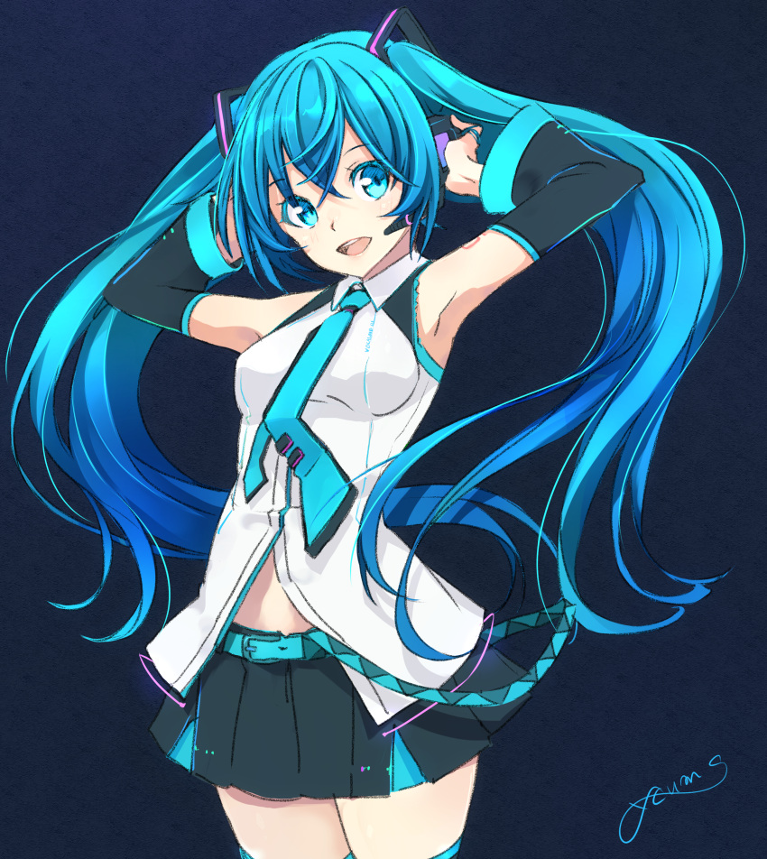 1girl :d absurdres armpits black_skirt black_sleeves blue_background blue_eyes blue_hair blue_neckwear collared_shirt cowboy_shot detached_sleeves dress_shirt floating_hair hair_between_eyes hatsune_miku headphones headset highres long_hair long_sleeves looking_at_viewer microphone midriff miniskirt open_mouth pleated_skirt shirt signature sketch skirt sleeveless sleeveless_shirt smile solo standing stomach thigh-highs twintails very_long_hair vocaloid white_shirt wing_collar ycums zettai_ryouiki
