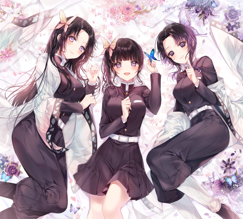 3girls :d absurdres animal animal_on_hand bangs belt belt_buckle black_hair black_jacket black_pants black_skirt blunt_bangs blush breasts buckle bug butterfly butterfly_hair_ornament butterfly_on_finger closed_mouth commentary_request eyebrows_visible_through_hair flower forehead gradient_hair hair_ornament hand_up highres index_finger_raised insect jacket kimetsu_no_yaiba kochou_kanae kochou_shinobu long_hair long_sleeves lying medium_breasts multicolored_hair multiple_girls on_back on_side open_clothes open_mouth pants parted_bangs parted_lips petals pink_flower pleated_skirt puffy_pants purple_hair skirt smile taya_5323203 tsuyuri_kanao very_long_hair violet_eyes white_belt white_flower wide_sleeves