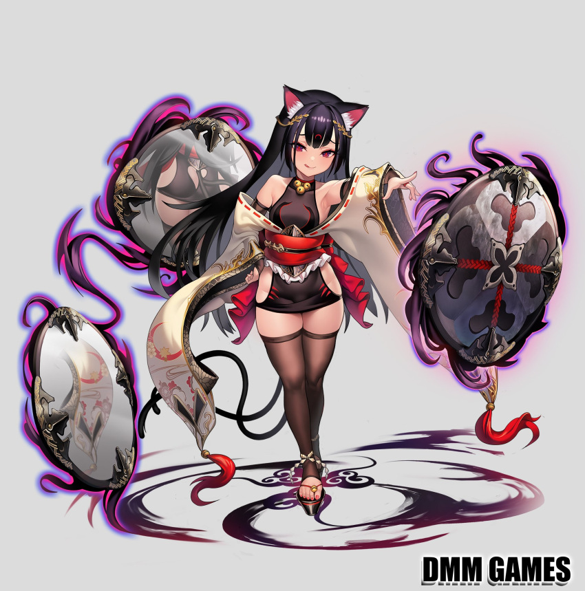 1girl animal_ears arm_up armpits ass ass_cutout back_bow bell black_dress black_gloves black_hair black_legwear bow bridal_gauntlets cat_ears cat_girl cat_tail closed_mouth detached_sleeves dress eyebrows_visible_through_hair flat_chest full_body furisode furrowed_eyebrows geta gloves grey_background grimgrim hair_ornament half-closed_eyes hand_on_hip highres iolite_link japanese_clothes kimono long_hair looking_at_viewer mirror mirror_image nail_polish neck_bell obi official_art red_pupils sash short_dress simple_background sleeveless sleeveless_dress smile solo standing tail taut_clothes taut_dress thigh-highs thighs toeless_legwear toenail_polish tongue tongue_out violet_eyes wide_sleeves zettai_ryouiki
