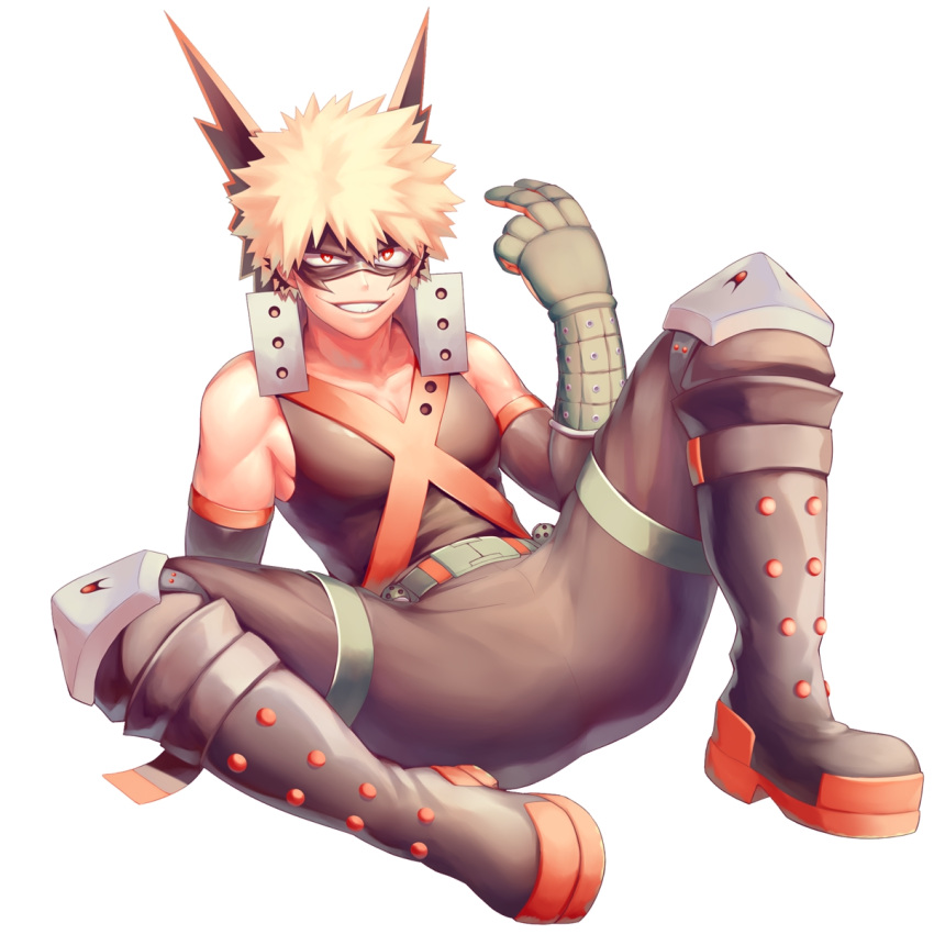 1boy bakugou_katsuki bare_shoulders blonde_hair boku_no_hero_academia commentary_request eye_mask face_mask gloves grin highres looking_at_viewer male_focus mask red_eyes salmon_(657931354) shirt short_hair simple_background smile solo spiky_hair spread_legs teeth white_background