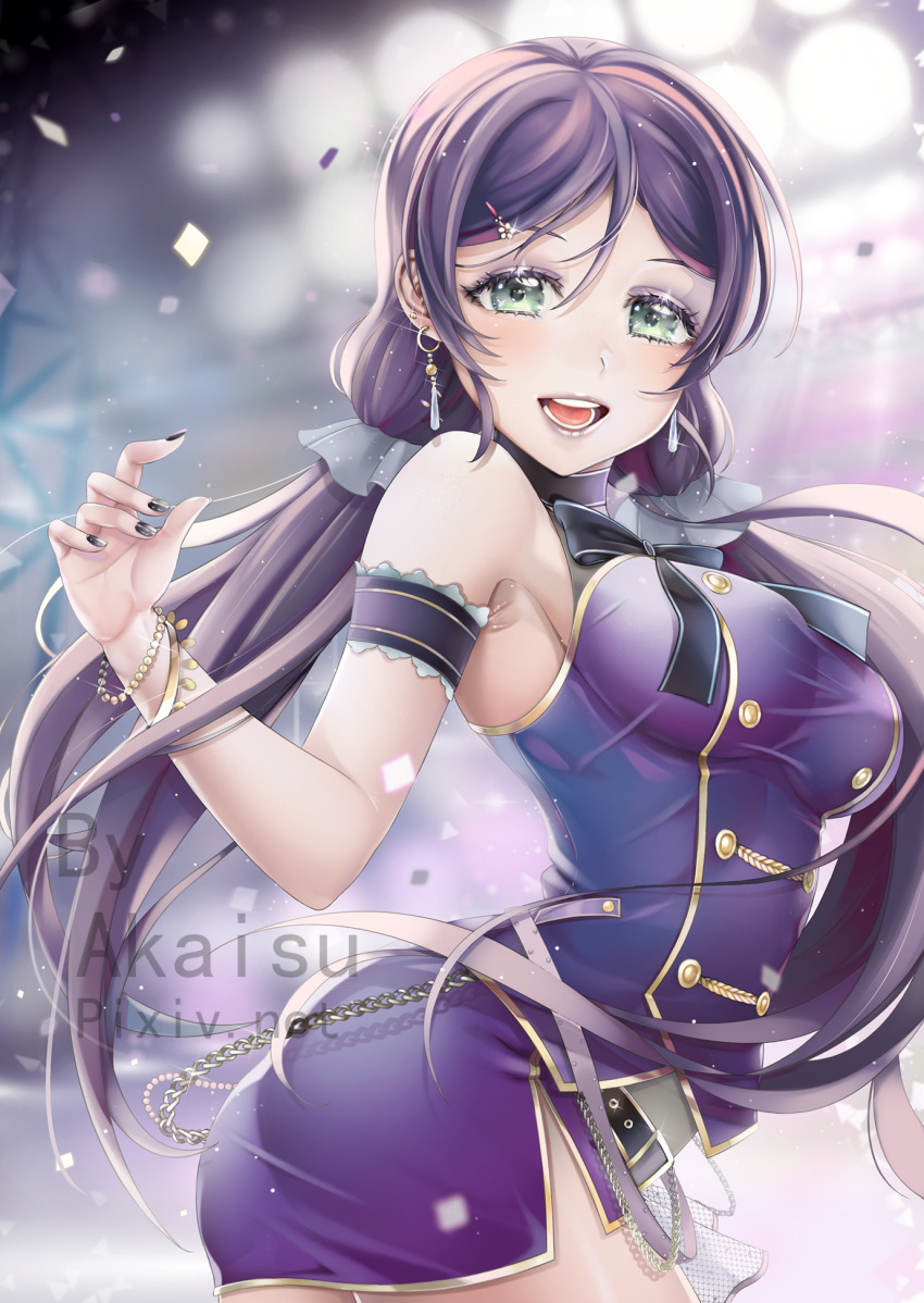 1girl :d akais artist_name black_nails black_ribbon blurry blurry_background bracelet breasts earrings floating_hair green_eyes highres jewelry long_hair looking_at_viewer love_live! love_live!_school_idol_project medium_breasts miniskirt nail_polish neck_ribbon open_mouth pencil_skirt purple_hair purple_skirt ribbon side_slit sideboob skirt smile solo sparkle standing toujou_nozomi twintails very_long_hair watermark