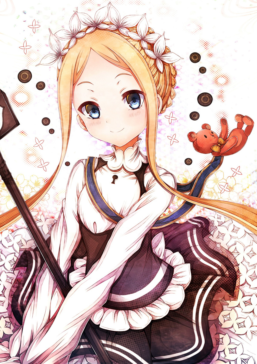 1girl abigail_williams_(fate/grand_order) bangs black_dress blonde_hair blue_eyes blush braid butterfly_hair_ornament closed_mouth commentary_request dress fate/grand_order fate_(series) forehead frilled_dress frills hair_ornament heroic_spirit_traveling_outfit highres keyhole long_hair long_sleeves parted_bangs shirt sidelocks sleeveless sleeveless_dress sleeves_past_fingers sleeves_past_wrists smile soda_(sodachuxd) solo stuffed_animal stuffed_toy teddy_bear very_long_hair white_shirt