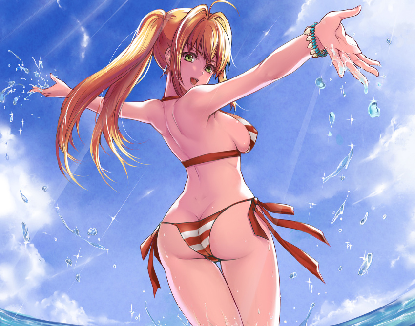 1girl ahoge ass back bead_bracelet beads bikini blue_sky bracelet breasts butt_crack carnival_phantasm clouds cowboy_shot day earrings fate/extella fate/extra fate/grand_order fate_(series) fengya from_behind green_eyes hair_intakes halter_top halterneck highres jewelry long_hair looking_back medium_breasts nero_claudius_(fate)_(all) nero_claudius_(swimsuit_caster)_(fate) outdoors red_bikini saber_extra shaft_(studio) side-tie_bikini sideboob sky solo splashing striped striped_bikini summer swimsuit twintails type-moon ufotable water water_drop