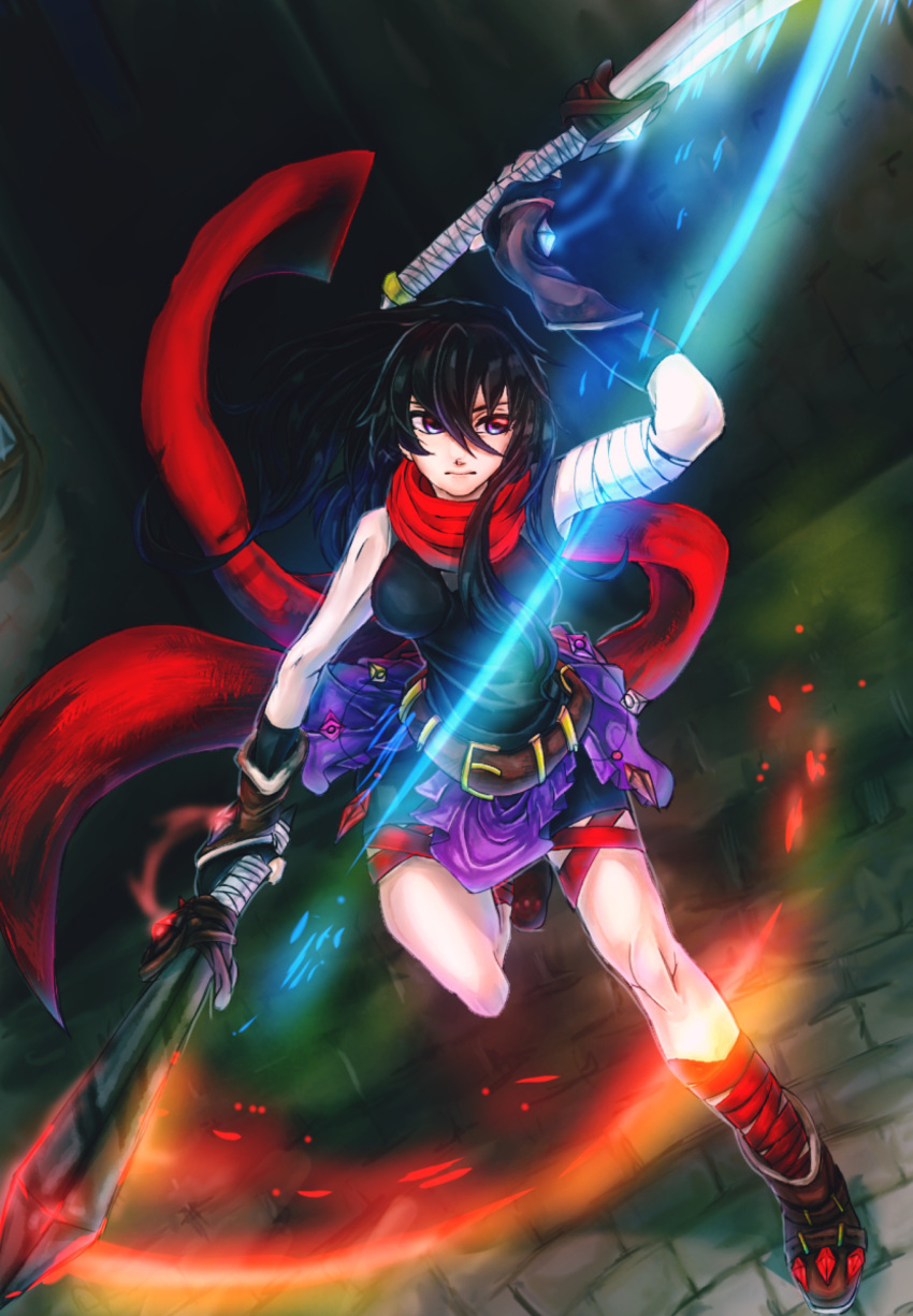 1girl absurdres bandaged_arm bandages belt bike_shorts black_hair breasts dual_wielding fingerless_gloves gloves hair_between_eyes highres holding long_hair long_scarf medium_breasts multiple_swords original ponytail red_eyes red_scarf scarf shiragiku_gayuu sword weapon