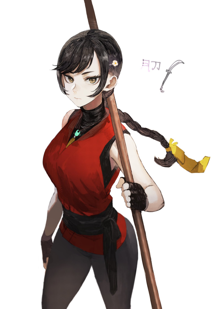 1girl bangs bare_shoulders black_hair braid casual commentary_request expressionless fingerless_gloves gloves hair_ornament hair_ribbon hairclip highres hwando_(seojh1029) jewelry jun_(seojh1029) long_hair looking_at_viewer necklace original over_shoulder polearm ribbon sleeveless solo tsurime weapon weapon_over_shoulder white_background yellow_eyes