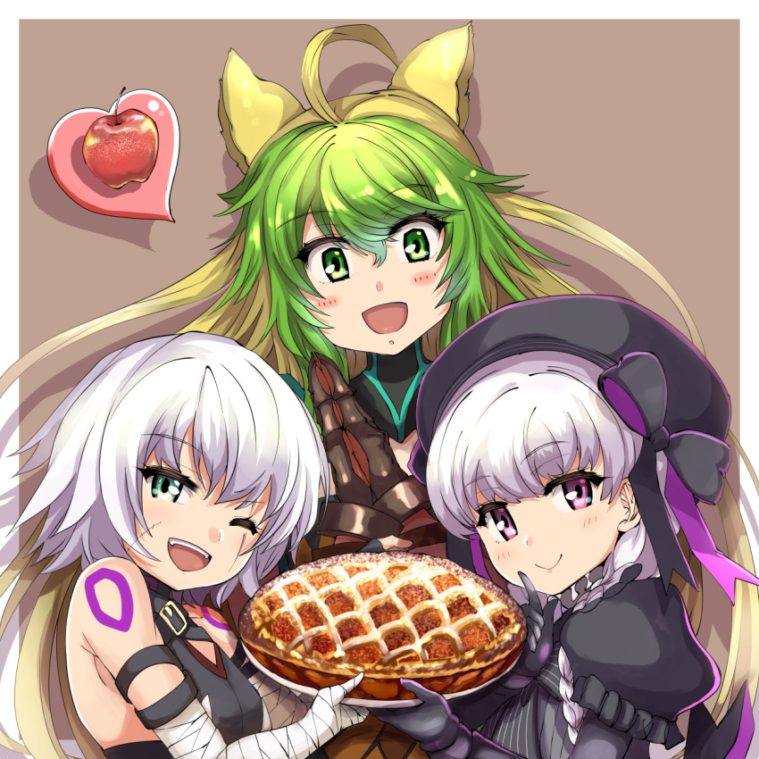 3girls ahoge animal_ears apple apple_pie atalanta_(fate) bandaged_arm bandages bangs bare_shoulders black_dress black_gloves black_headwear blonde_hair bow braid breasts cat_ears dress eyebrows_visible_through_hair facial_scar fate_(series) food fruit gloves green_eyes green_hair grimjin hat highres jack_the_ripper_(fate/apocrypha) long_hair looking_at_viewer multiple_girls nursery_rhyme_(fate/extra) open_mouth scar scar_across_eye short_hair silver_hair smile twin_braids violet_eyes white_hair