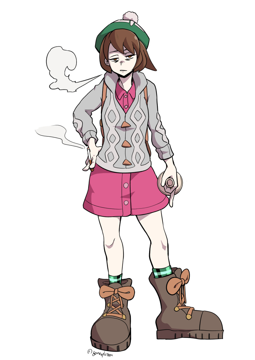 1girl absurdres backpack bag bags_under_eyes beret bob_cut boots bottle brown_eyes brown_hair buttons cigarette dress female_protagonist_(pokemon_swsh) gomesu_(gomes0343) grey_sweater half-closed_eyes hat highres holding holding_cigarette ohol pink_dress plaid pokemon pokemon_(game) pokemon_swsh pom_pom_(clothes) smoke smoking socks sweater tam_o'_shanter