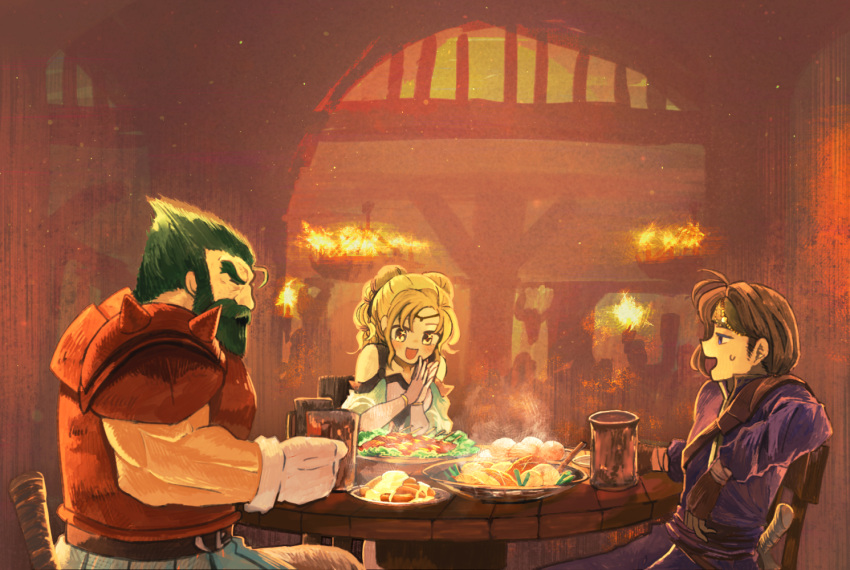 1girl 2boys blonde_hair blue_eyes blush brown_eyes brown_gloves circlet closed_eyes cup dozla_(fire_emblem) elbow_gloves fingerless_gloves fire_emblem fire_emblem:_the_sacred_stones food gloves green_hair indoors kanimiso_(kame_jima) l'arachel_(fire_emblem) mug multiple_boys muscle open_mouth rennac_(fire_emblem) shoulder_spikes sitting smile spikes sweatdrop table thick_eyebrows weapon white_gloves