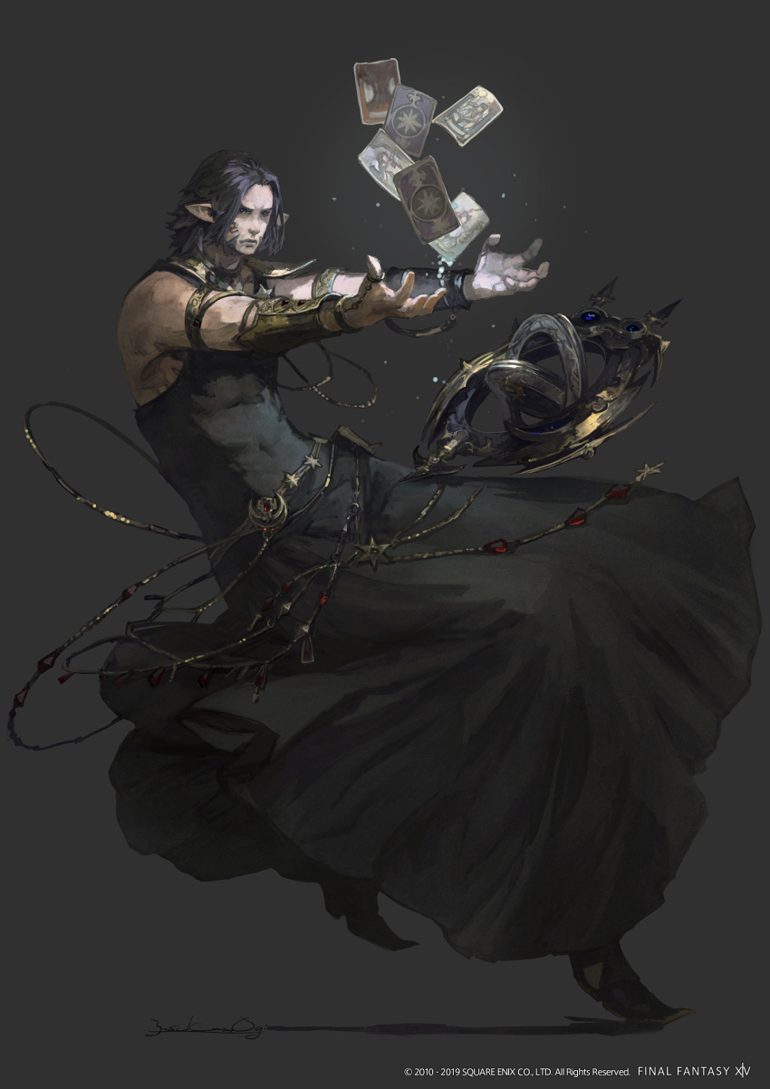 1boy bare_shoulders black_clothes black_hair bracer card closed_mouth facial_mark final_fantasy final_fantasy_xiv full_body grey_background highres moon official_art pointy_ears shadow short_hair sidelocks simple_background sleeveless solo square_enix standing standing_on_one_leg urianger_augurelt