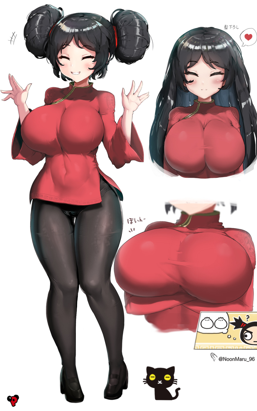 1girl black_hair black_panties blurry breasts cat chinese_clothes closed_eyes commentary_request depth_of_field double_bun dress grin heart highres huge_breasts legs long_hair multiple_views original panties panties_under_pantyhose pantyhose raised_eyebrows red_dress simple_background smile spoken_heart thick_thighs thigh_gap thighs underwear white_background yuki_maru